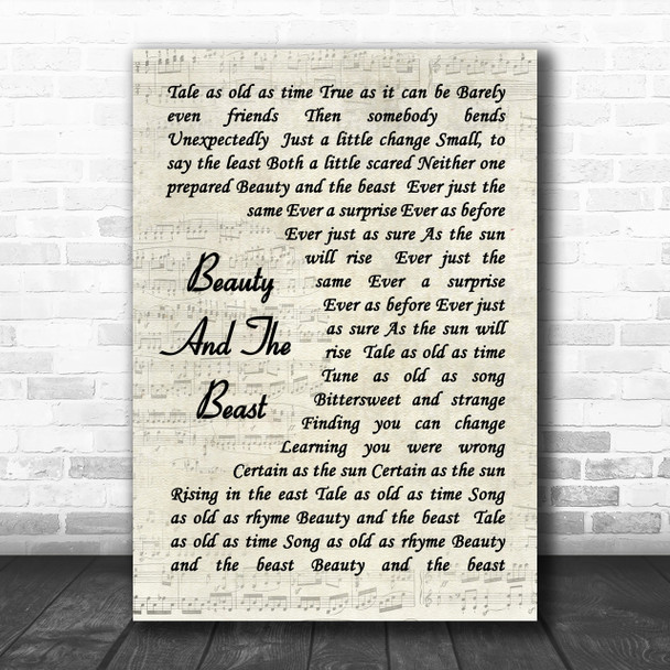 Celine Dione Beauty And The Beast Vintage Script Song Lyric Music Wall Art Print
