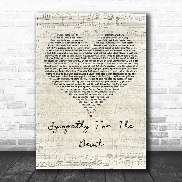 The Rolling Stones Sympathy For The Devil Script Heart Decorative Wall Art Gift Song Lyric Print