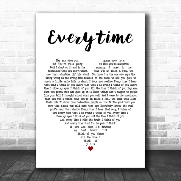 The Twang Everytime White Heart Decorative Wall Art Gift Song Lyric Print