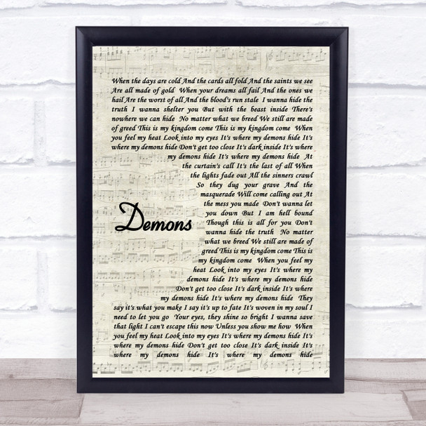 Demons Imagine Dragons Song Lyric Vintage Script Music Wall Art Print