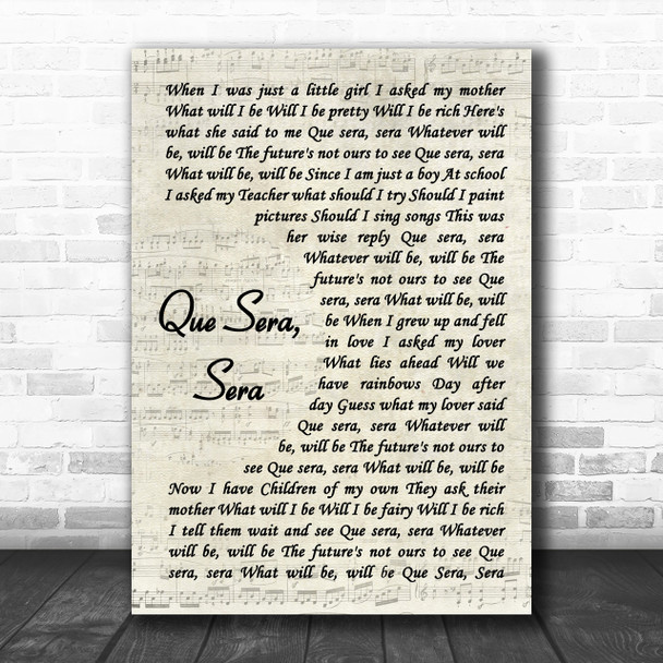 Doris Day Que Sera, Sera Song Lyric Vintage Script Music Wall Art Print