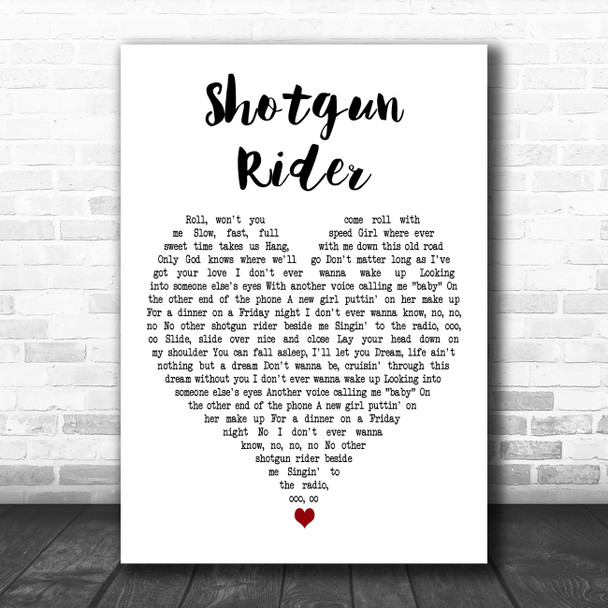 Tim McGraw Shotgun Rider White Heart Decorative Wall Art Gift Song Lyric Print