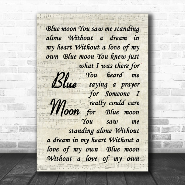 Elvis Presley Blue Moon Vintage Script Song Lyric Music Wall Art Print