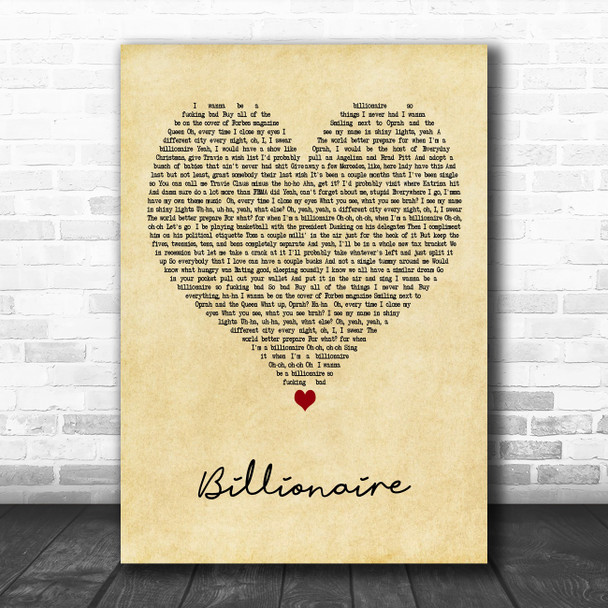 Travie Mccoy ft Bruno Mars Billionaire Vintage Heart Decorative Wall Art Gift Song Lyric Print