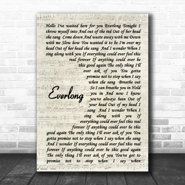 Everlong Foo Fighters Song Lyric Vintage Script Music Wall Art Print