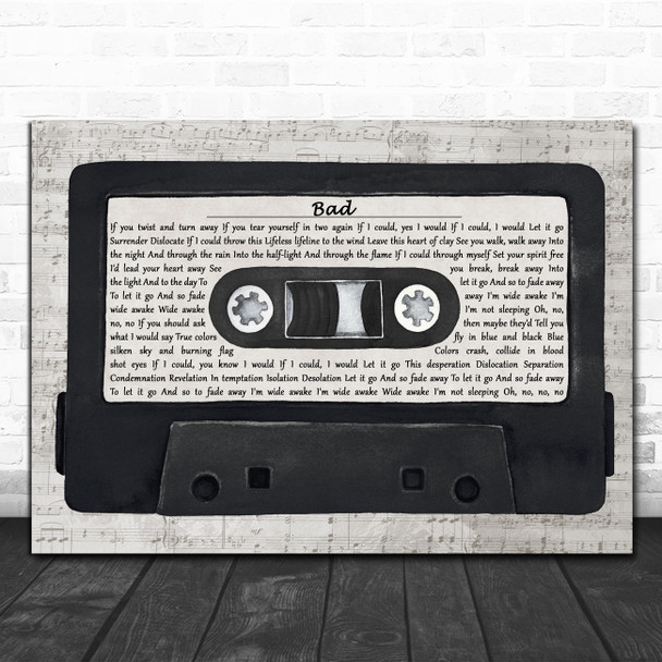 U2 Bad Music Script Cassette Tape Decorative Wall Art Gift Song Lyric Print