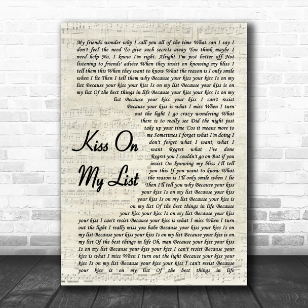 Hall & Oates Kiss On My List Song Lyric Vintage Script Music Wall Art Print