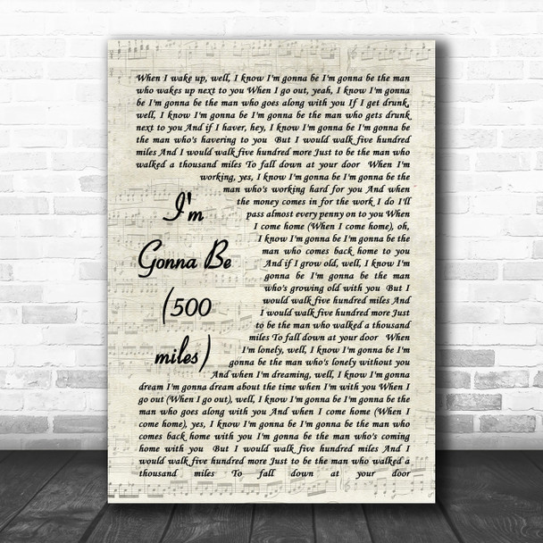 I'm Gonna Be 500 Miles The Proclaimers Song Lyric Vintage Script Music Wall Art Print