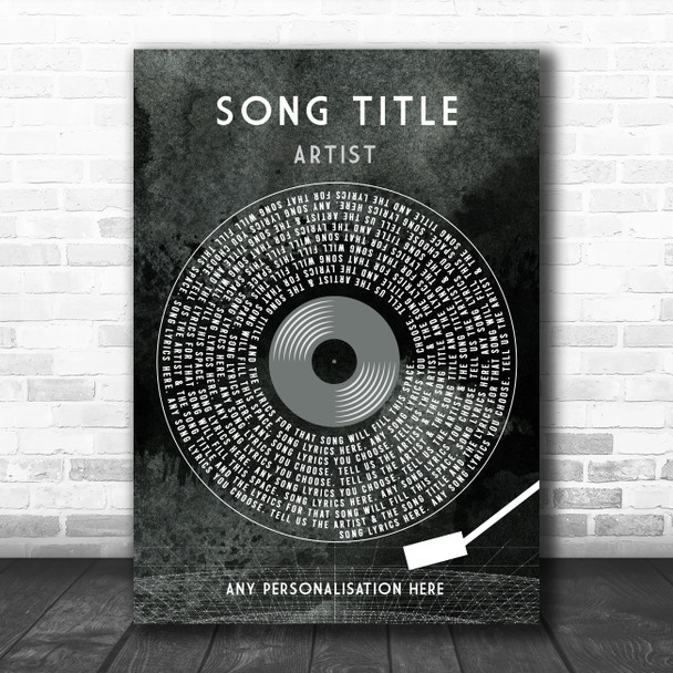 Grunge Grey Vinyl Record & Needle Any Song Lyric Personalized Music Art Print