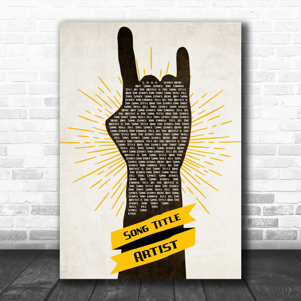 Rock Fist Hand Yellow Banner Any Song Lyric Personalized Music Wall Art Print