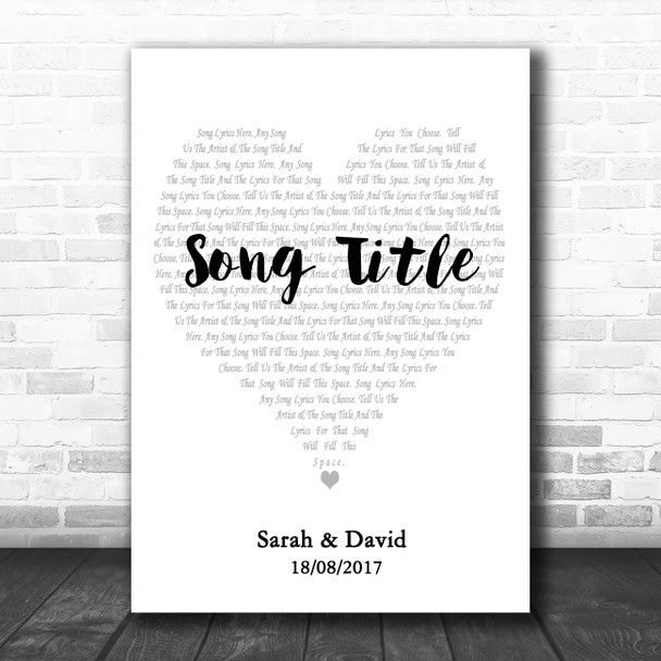 Simple Heart Pale Grey White Any Song Lyric Personalized Music Wall Art Print