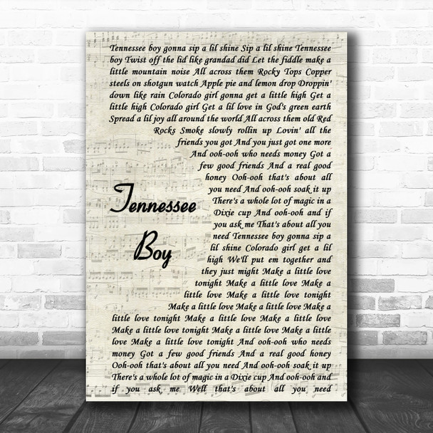 Kip Moore Tennessee Boy Vintage Script Song Lyric Music Wall Art Print