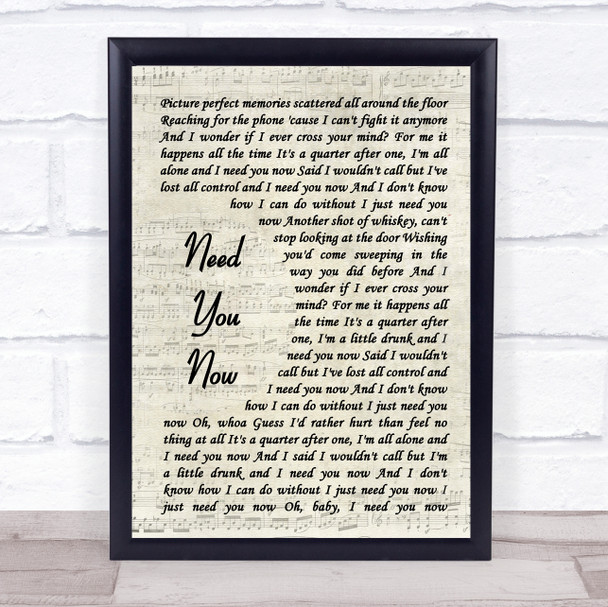 Lady Antebellum Need You Now Song Lyric Vintage Script Music Wall Art Print