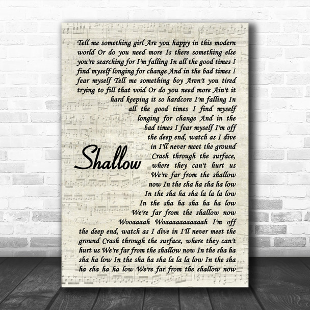 Lady Gaga & Bradley Cooper Shallow Vintage Script Song Lyric Music Wall Art Print