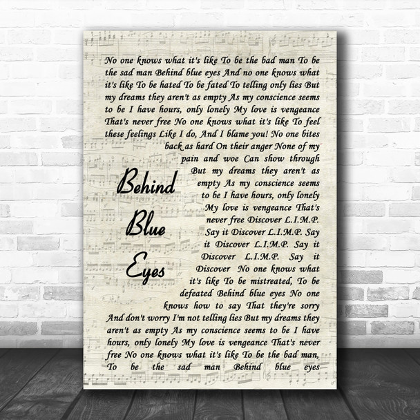 Limp Bizkit Behind Blue Eyes Vintage Script Song Lyric Music Wall Art Print