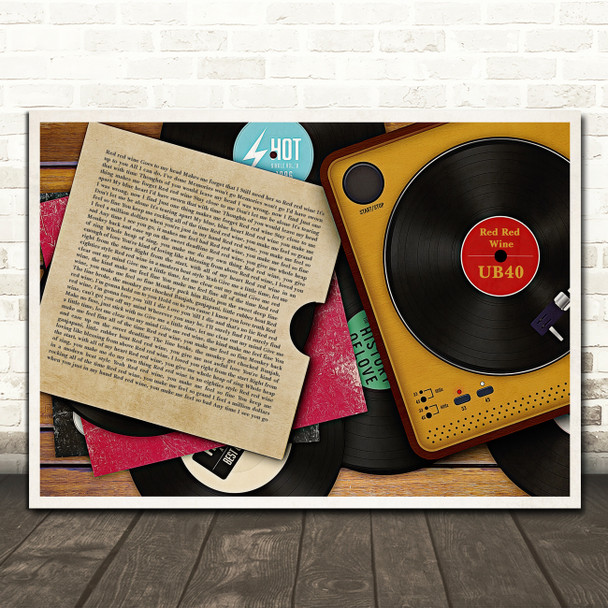 UB40 Red Red Wine Vinyl Record Sleeve & Player Song Lyric Print