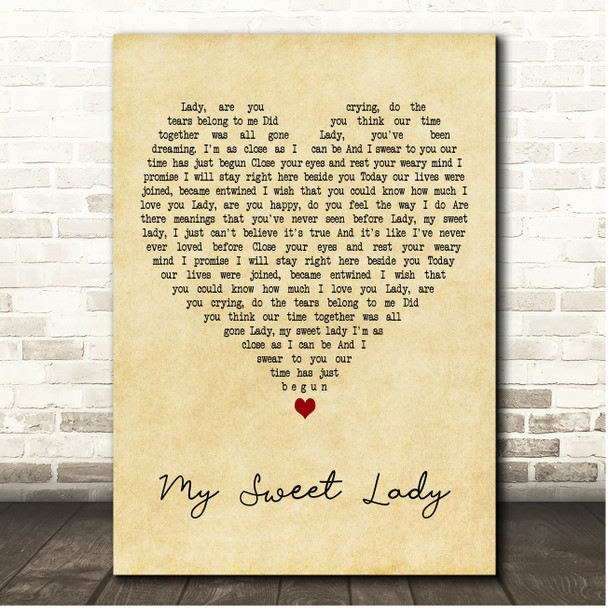 John Denver My Sweet Lady Vintage Heart Song Lyric Print