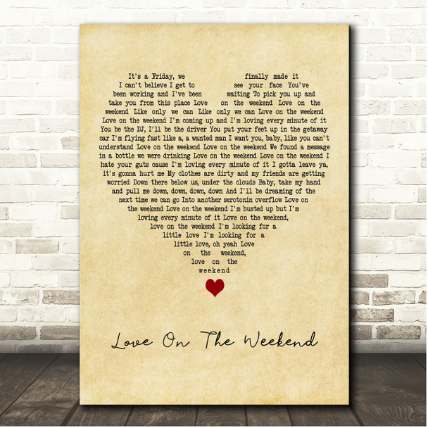 John Mayer Love On The Weekend Vintage Heart Song Lyric Print