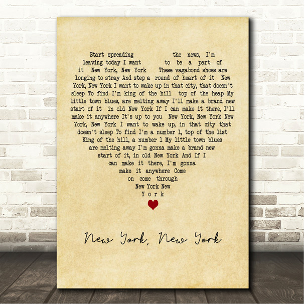 Liza Minnelli New York, New York Vintage Heart Song Lyric Print