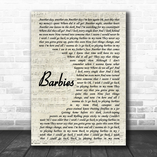 Pink Barbies Vintage Script Song Lyric Music Wall Art Print