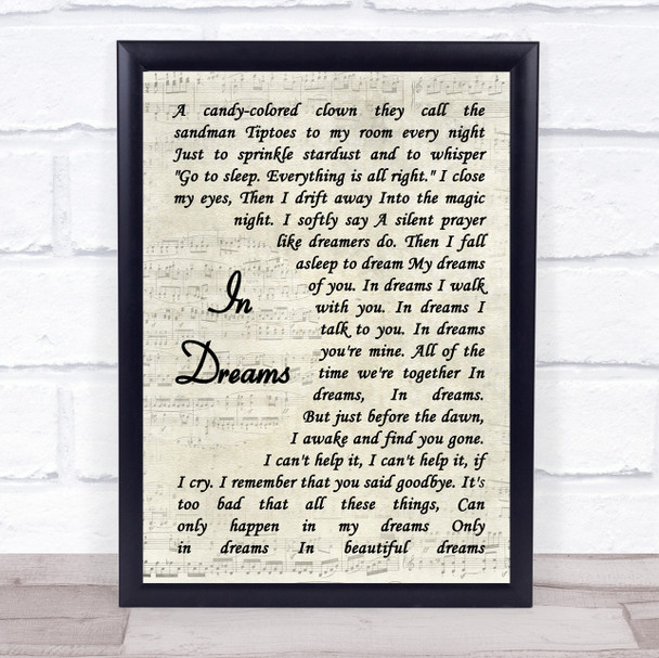 Roy Orbison In Dreams Vintage Script Song Lyric Music Wall Art Print