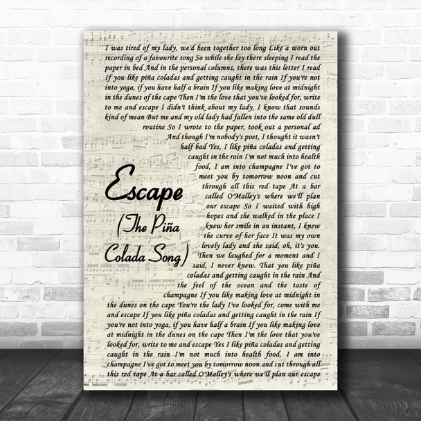 Rupert Holmes Escape (The Piña Colada Song) Vintage Script Song Lyric Music Wall Art Print