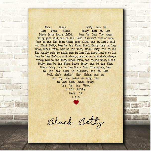 Ram Jam Black Betty Vintage Heart Song Lyric Print