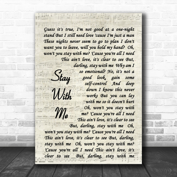 Stay With Me Sam Smith Song Lyric Vintage Script Music Wall Art Print