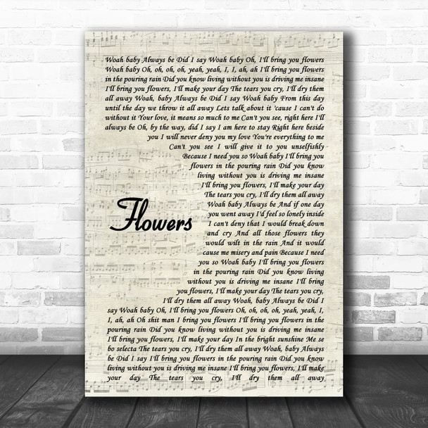 Sweet Female Attitude Flowers Song Lyric Vintage Script Music Wall Art Print