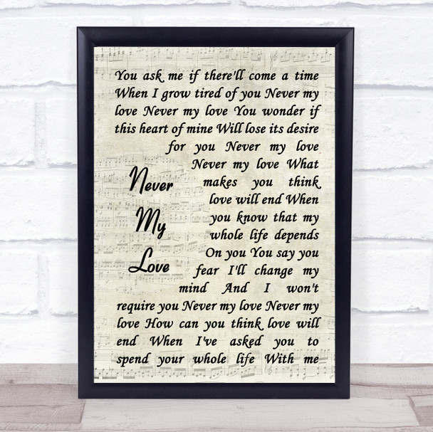 The Association Never My Love Song Lyric Vintage Script Music Wall Art Print