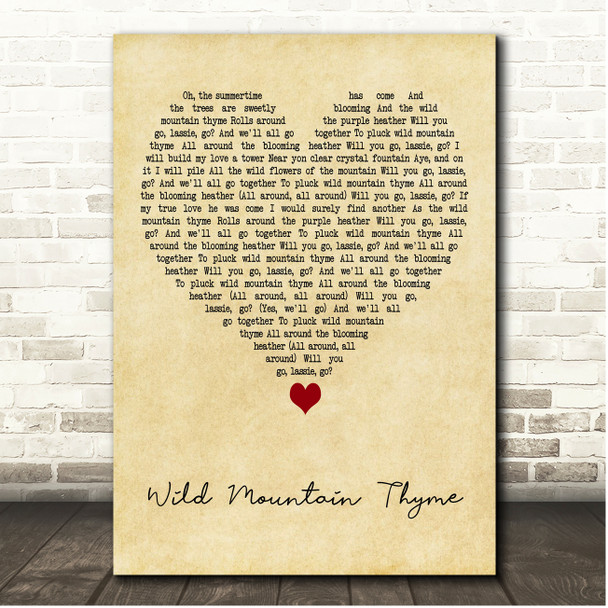 The Silencers Wild Mountain Thyme Vintage Heart Song Lyric Print