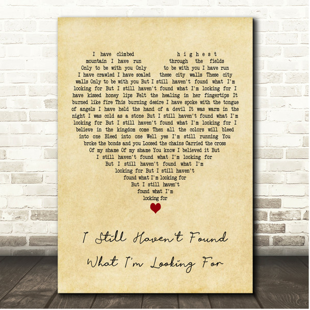 U2 I Still Haven't Found What I'm Looking For Vintage Heart Song Lyric Print