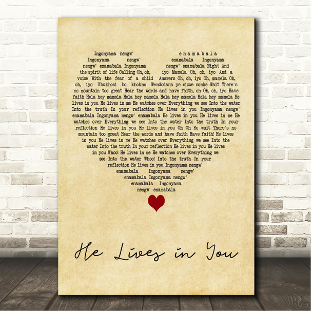 Walt Disney Records He Lives in You Vintage Heart Song Lyric Print