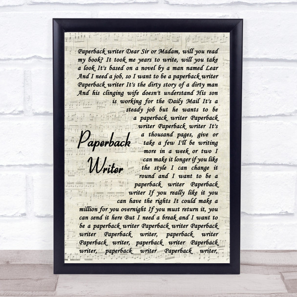 The Beatles Paperback Writer Vintage Script Song Lyric Music Wall Art Print