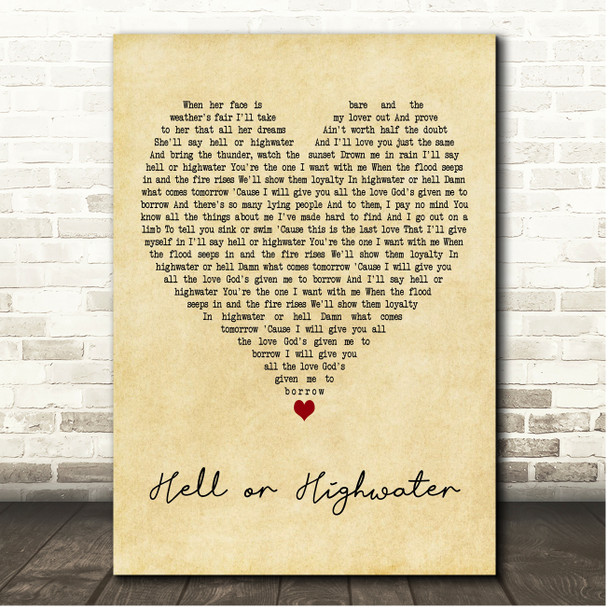 Zach Bryan Hell or Highwater Vintage Heart Song Lyric Print