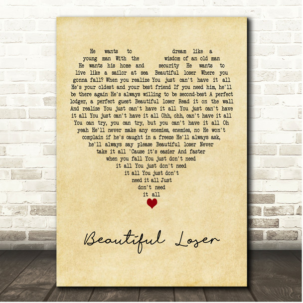 Bob Seger Beautiful Loser Vintage Heart Song Lyric Print