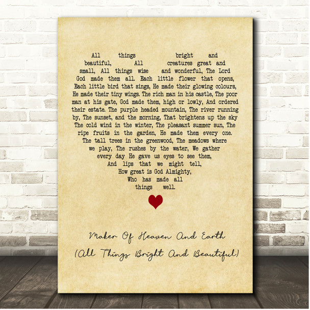 Cecil Frances Alexander Maker Of Heaven And Earth (All Things Bright And Beautiful) Vintage Heart Song Lyric Print