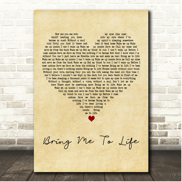 Evanescence Bring Me To Life Vintage Heart Song Lyric Print Evanescence Bring Me To Life Vintage Heart Song Lyric Print