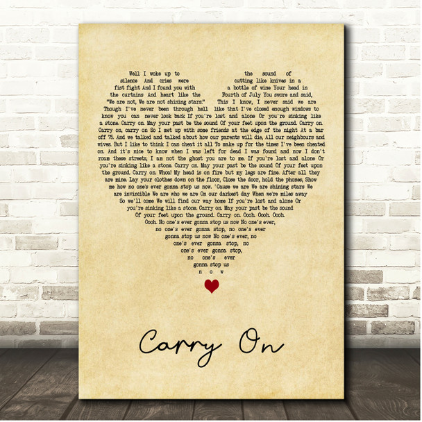 Fun Carry On Vintage Heart Song Lyric Print