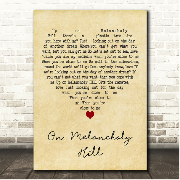 Gorillaz On Melancholy Hill Vintage Heart Song Lyric Print