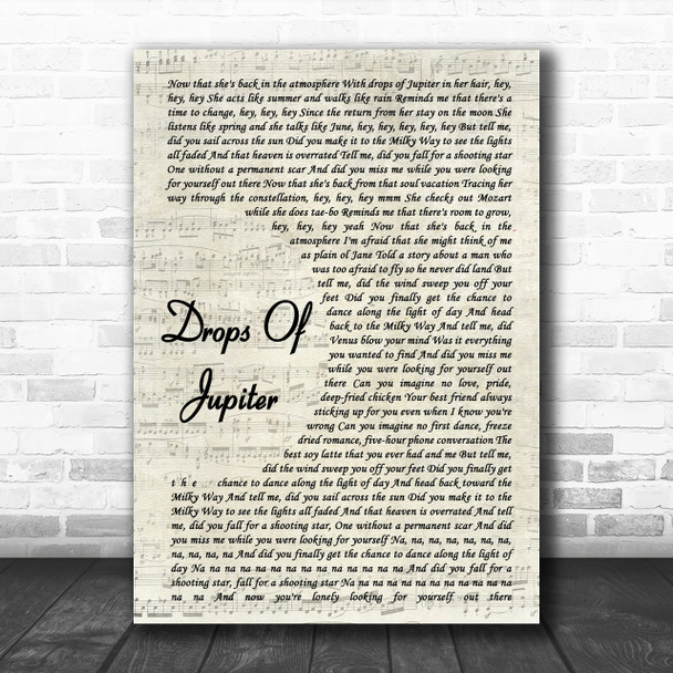 Train Drops Of Jupiter Vintage Script Song Lyric Music Wall Art Print