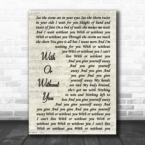 U2 With Or Without You Vintage Script Song Lyric Music Wall Art Print