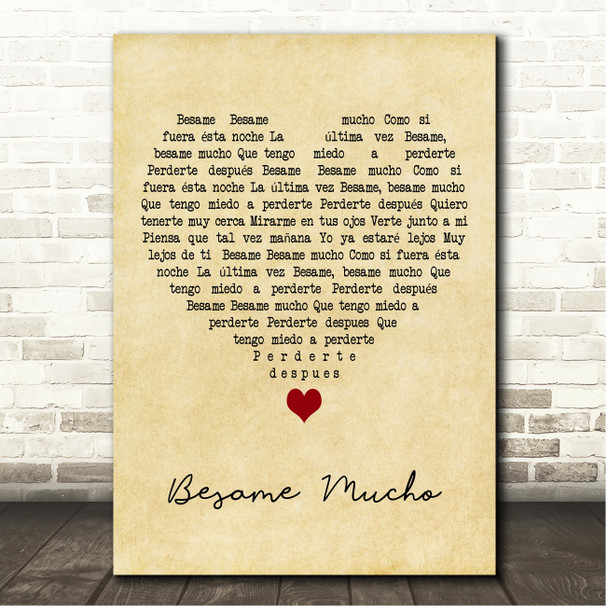 Andrea Bocelli Besame Mucho Vintage Heart Song Lyric Print