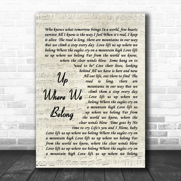 Up Where We Belong Joe Cocker Song Lyric Vintage Script Music Wall Art Print