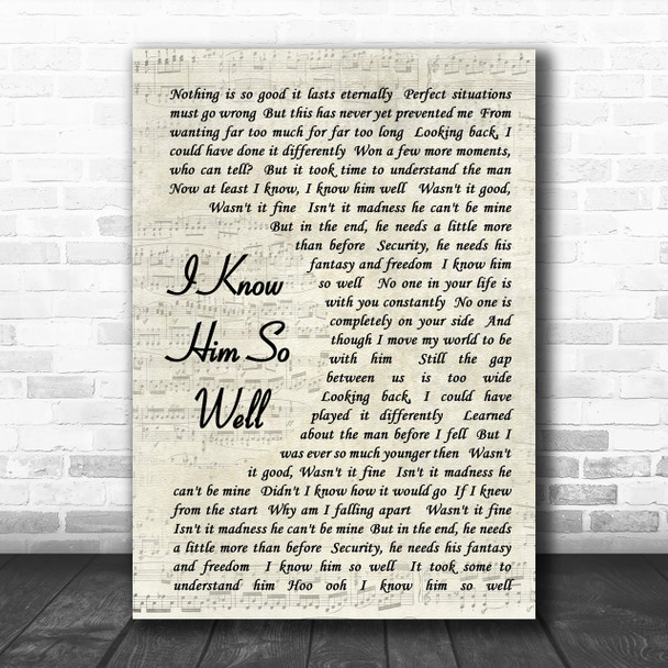 Whitney Houston I Know Him So Well Vintage Script Song Lyric Music Wall Art Print