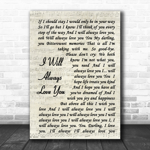 Whitney Houston I Will Always Love You Vintage Script Song Lyric Music Wall Art Print