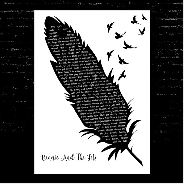 Elton John Bennie And The Jets Black & White Feather & Birds Song Lyric Print