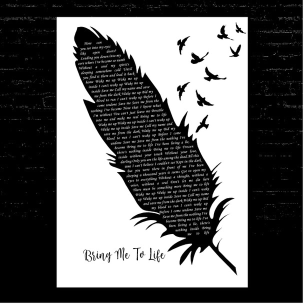 Evanescence Bring Me To Life Black & White Feather & Birds Song Lyric Print