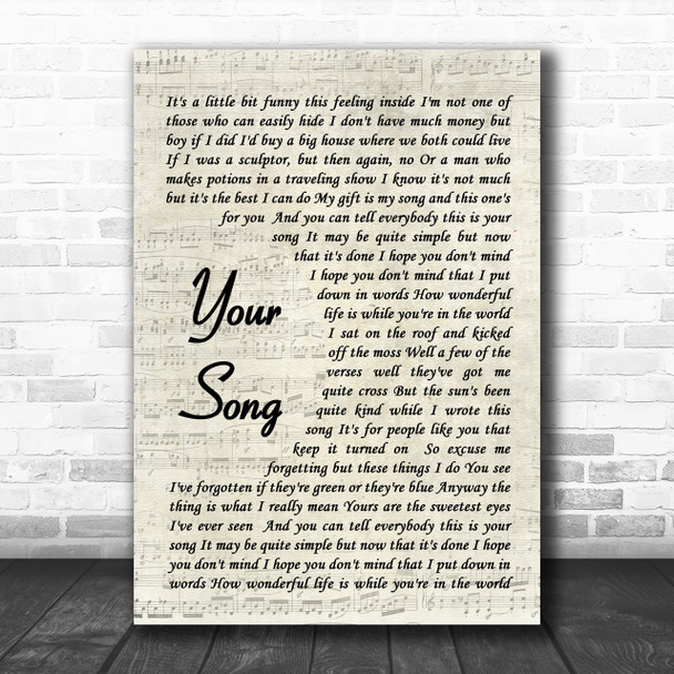 Your Song Elton John Song Lyric Vintage Script Music Wall Art Print