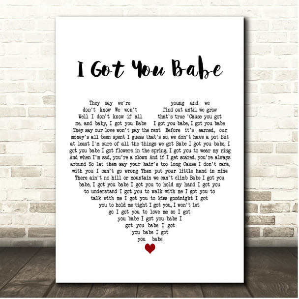 Sonny and Cher I Got You Babe White Heart Song Lyric Print